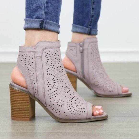 Shoes - Mauve Laser Cut Design Open Toe Ankle Boots